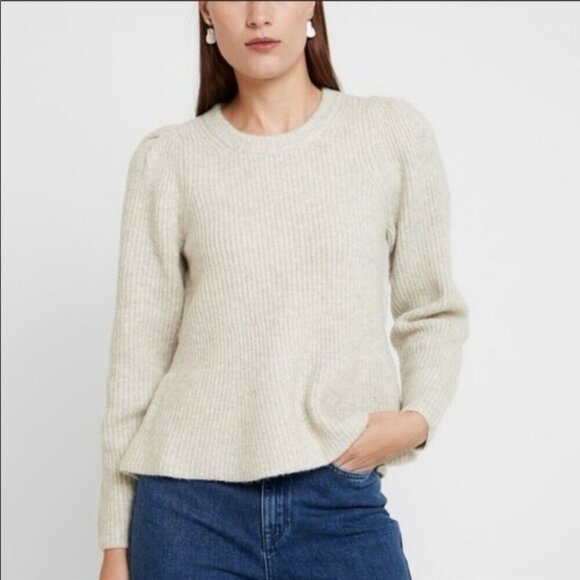 Madewell Sweaters - Madewell Women XL Peplum Pullover Sweater Beige Ribbed Knit Wool Acrylic